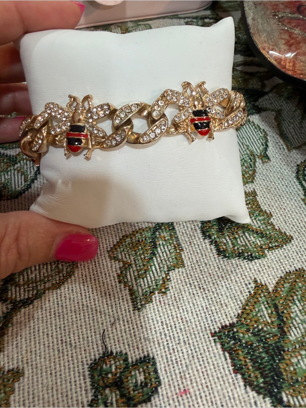Gold Bee Link Bracelet with Red and Black Enamel